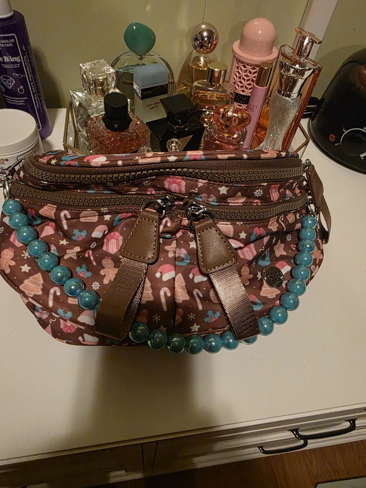 Women’s Brown Multicolor Holiday Novelty Shoulder Bag, Zip, Beaded, Charm