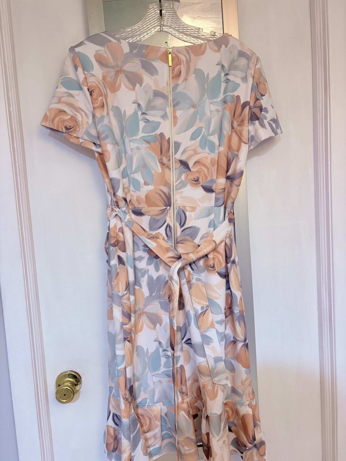 Calvin Klein Women’s Floral Fit & Flare Knee Dress Size 14 Short Sleeve Belted