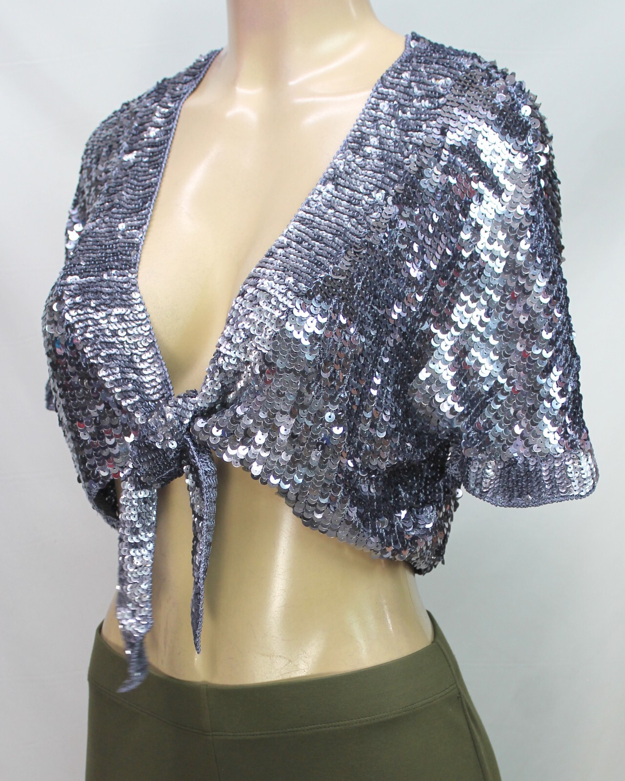 Kroshetta by Papillon Women’s Tie Up Shrug Short Sleeve Sequin Pewter Size L