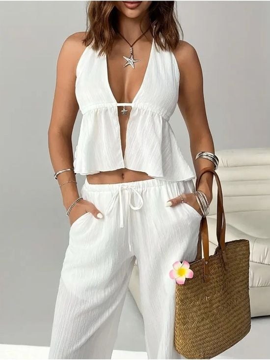 Women’s White Wide-Leg Two-Piece Set with Halter Top Sz S