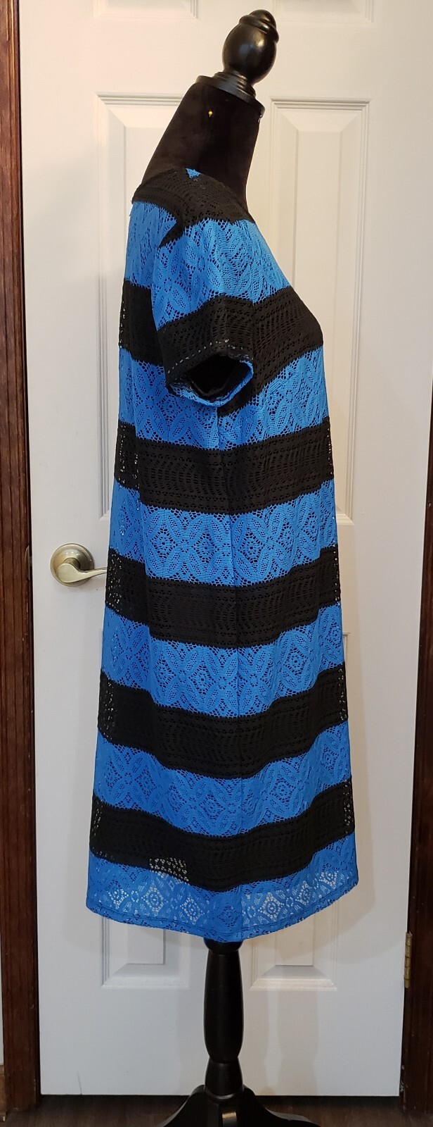 London Times Lace Shift Dress 16 Blue Black Stripe Cap Sleeve Lined Zip Back