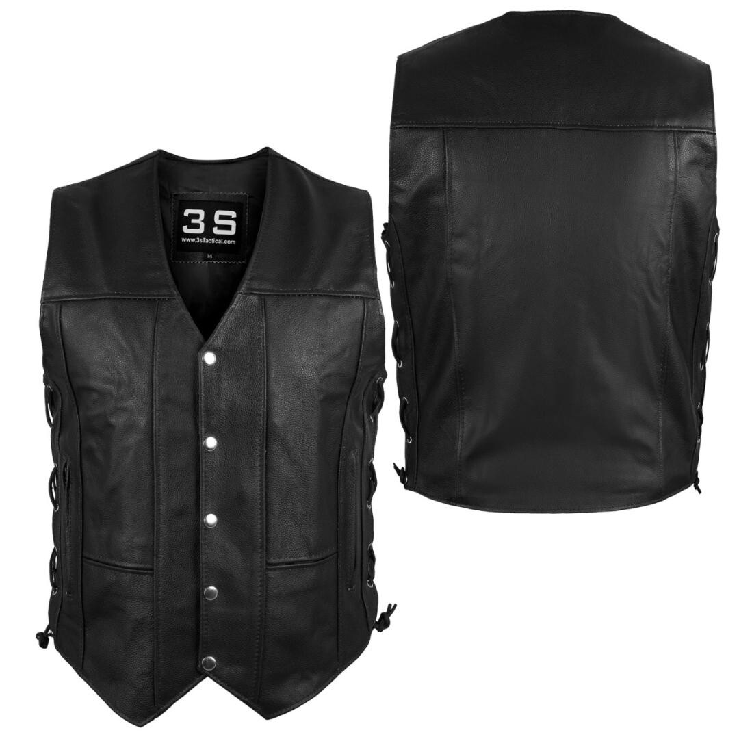 Mens Genuine Leather 10 Pockets Motorcycle Biker Vest Laces Black Brown All Size