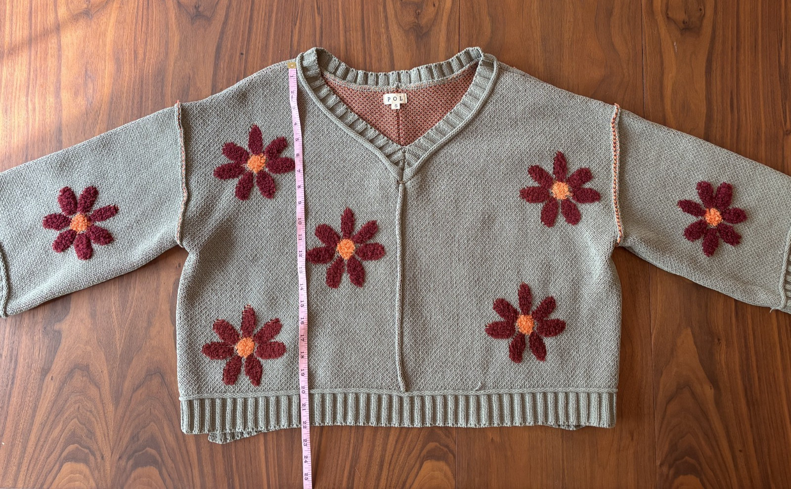 POL Boxy Boho Floral Crop Sweater, Playful and Funky, Green with 3D Flowers, S