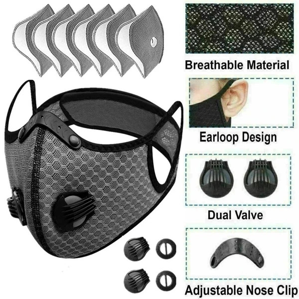 Reusable Half Face Cover Mask w/ Filter Cycling Outdoor Sport Face Mask Grey