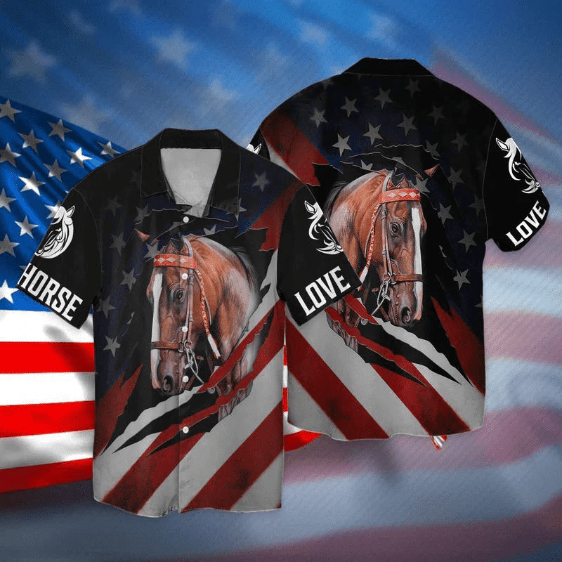 4Th Of July Independence Day Love Horse American Flag Hawaiian Shirt