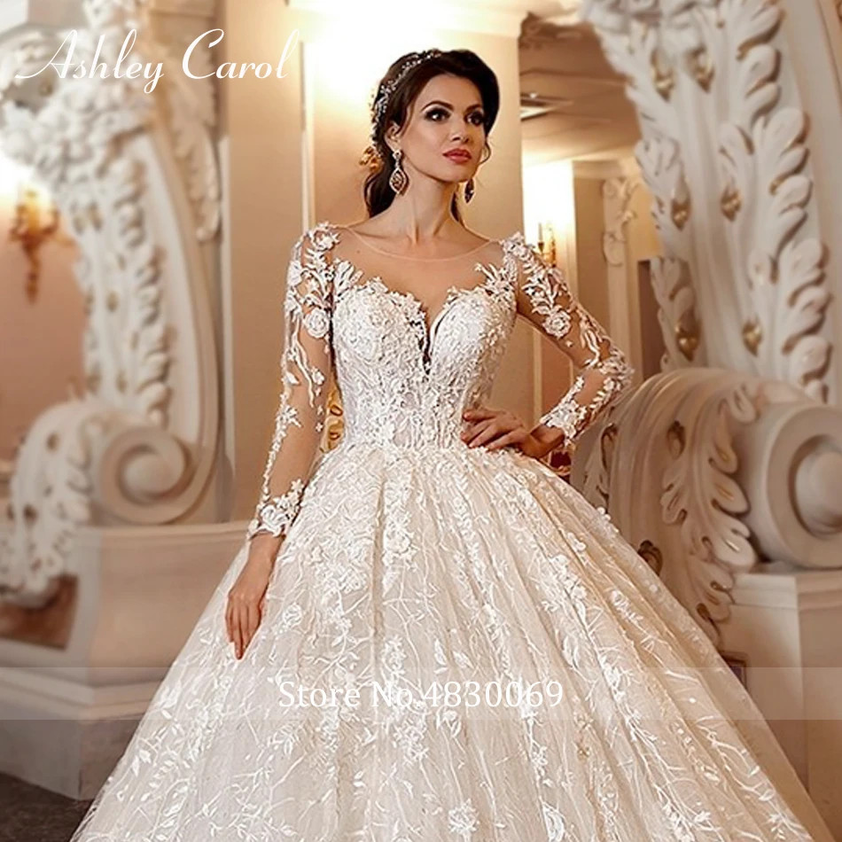 Ivory Lace Ball Gown Wedding Dresses Long Sheer Sleeves Bridal Gown With Train