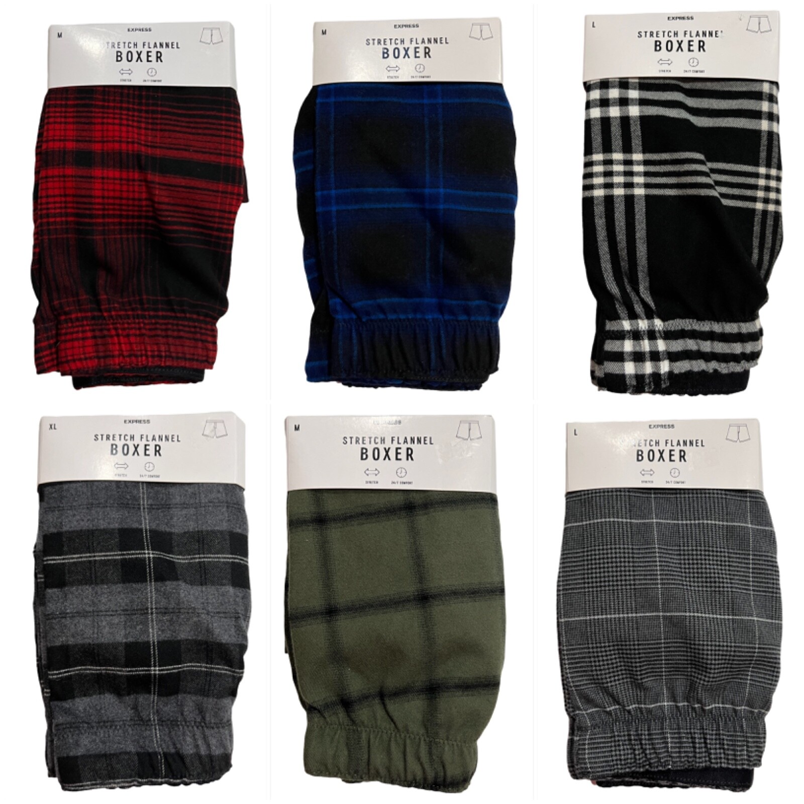 NWT EXPRESS Men’s Stretch Flannel Boxer Underwear S-M-L-XL Red Blue Black Gray