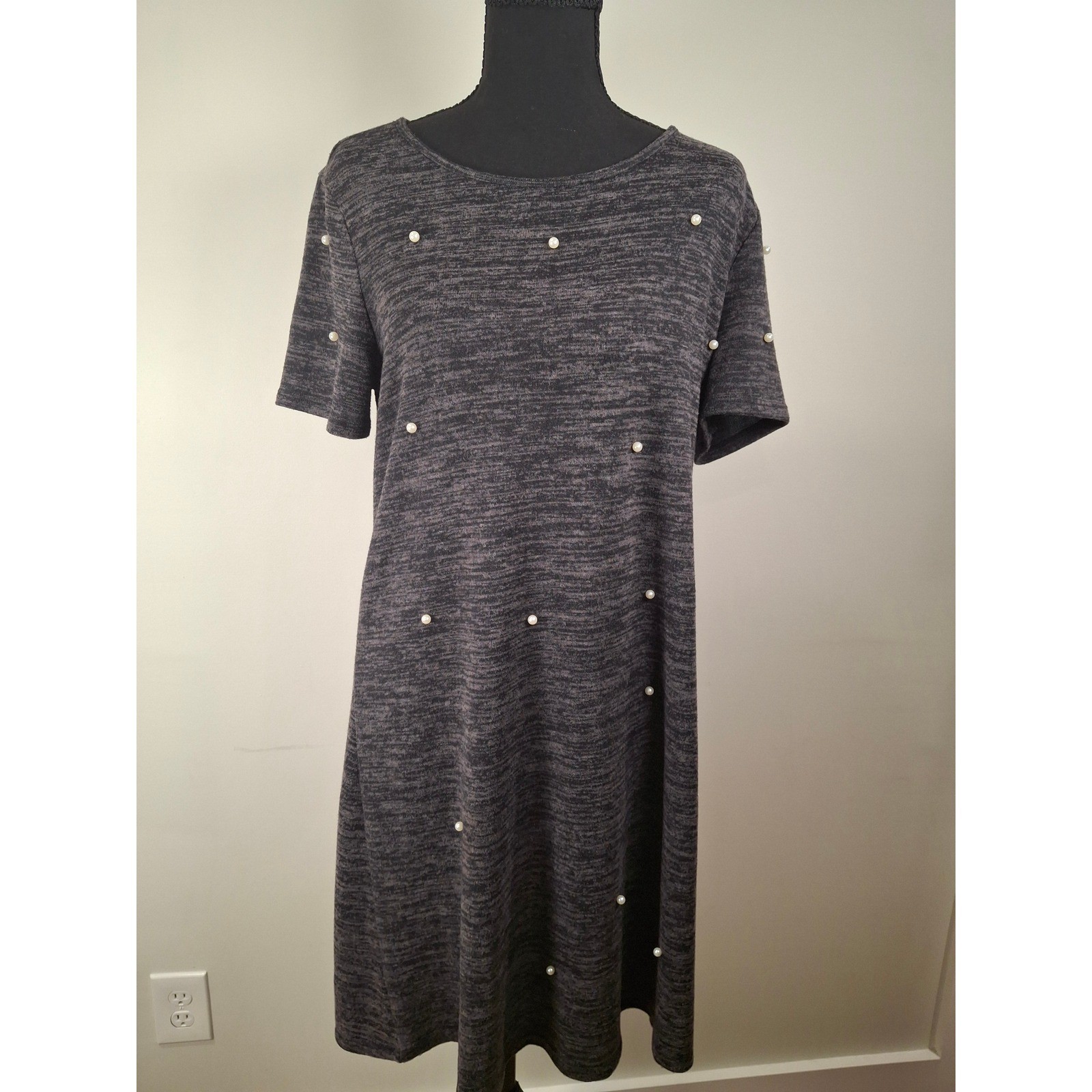 Tacera Women Charcoal Gray Marl Pearl Embellished Shift Dress Size Medium 12202M