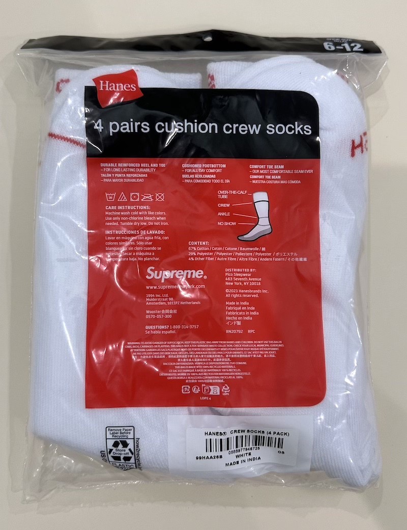 Supreme X Hanes Crew Socks – White, 4 Pack, Size 6-12