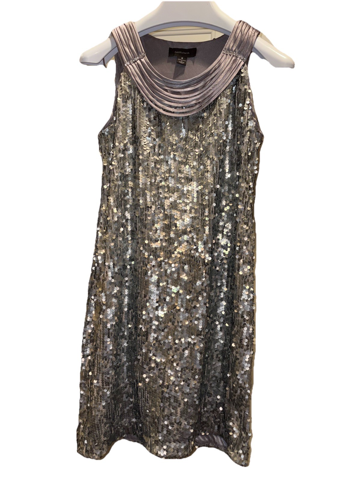 R&M Richards Silver Gray Sequin Shift Dress 8 Sleeveless Scoop Neck Knee