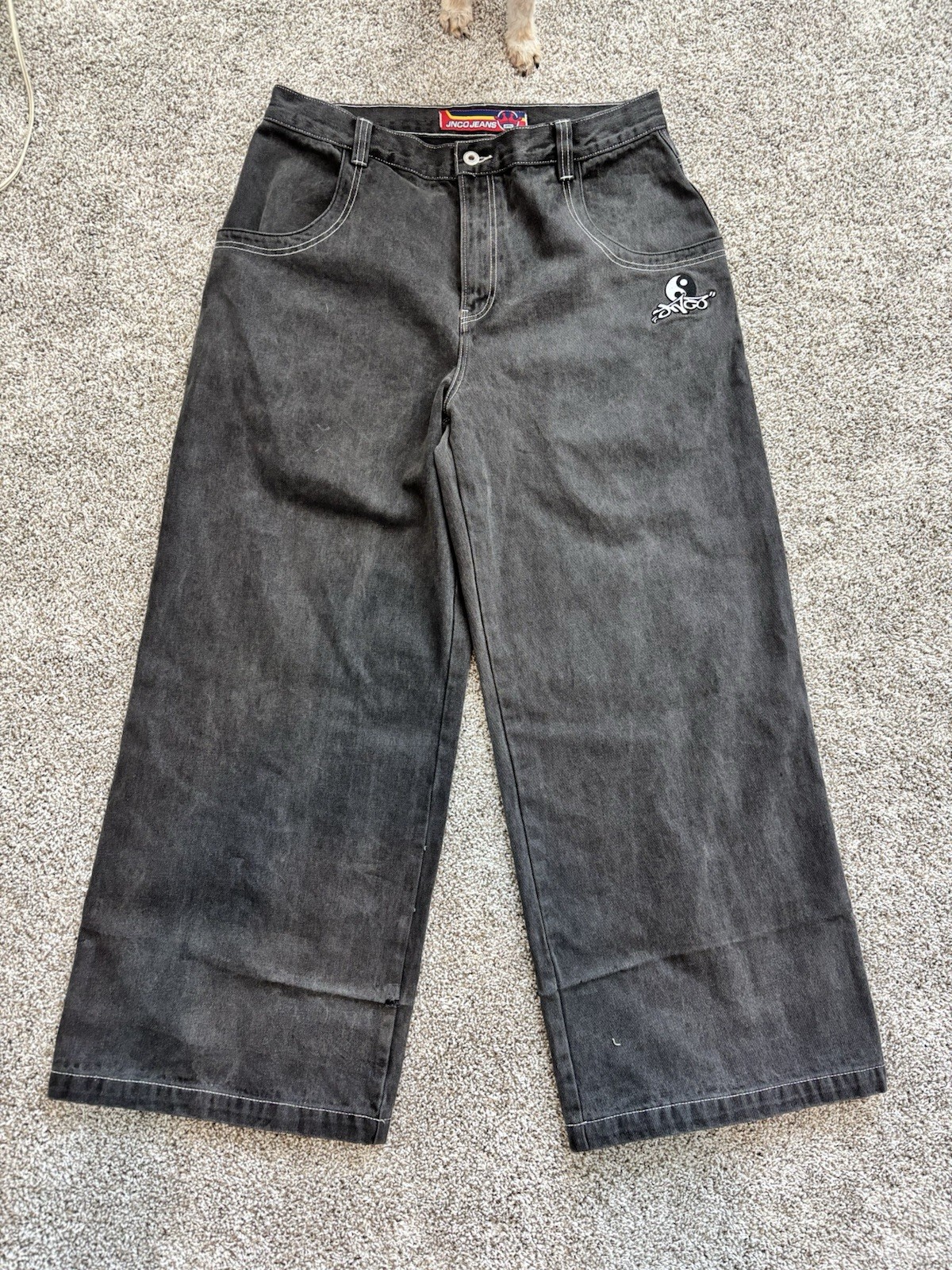 JNCO Men’s Gray Wide-Leg Denim Jeans Relaxed Fit Mid Rise Logo 5-Pocket