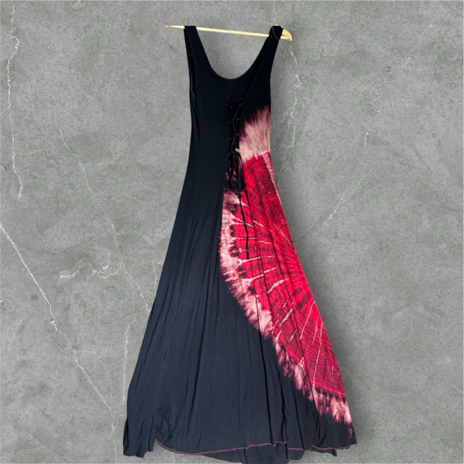Kamana Hand Dyed Tie Dye Maxi Dress Medium Black Red Lace Up Back Boho