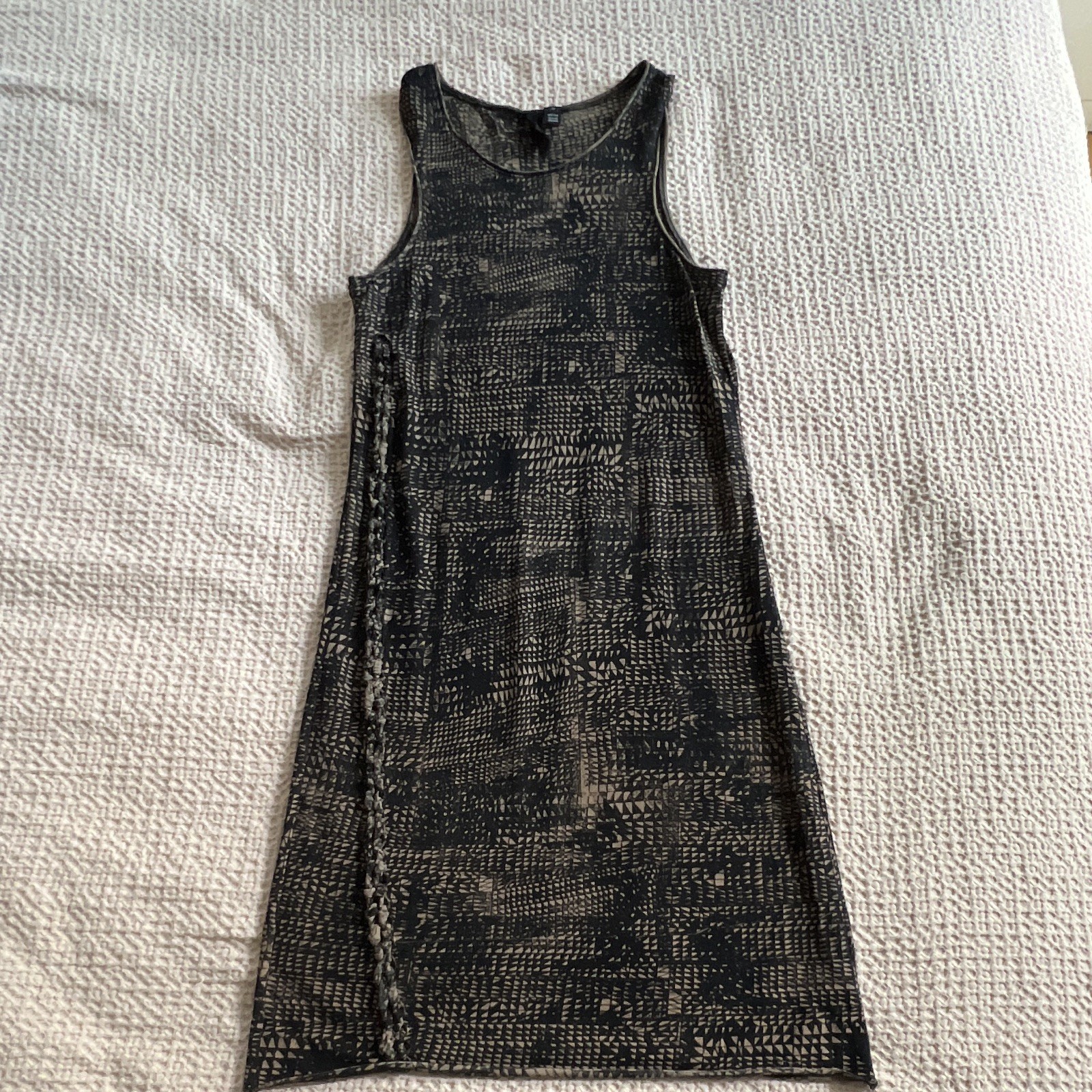 Edun Shift Dress XS Black Beige Geometric Knit Cotton Midi Sleeveless