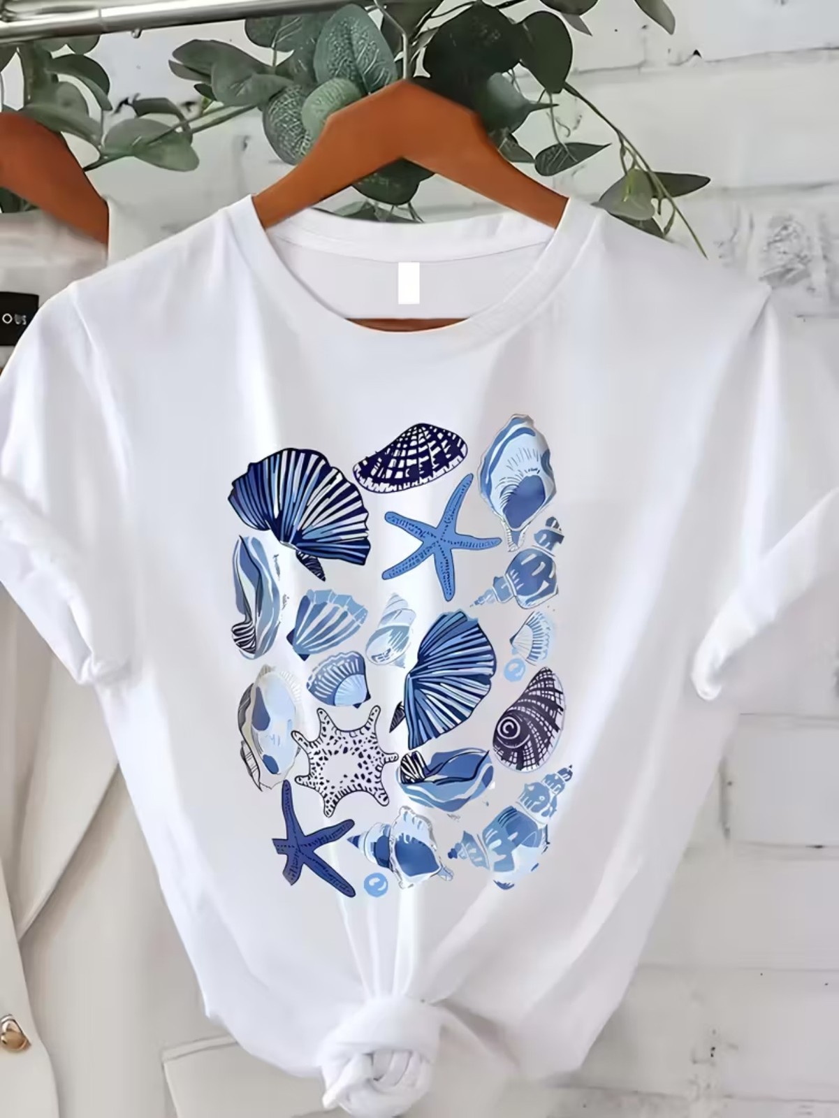 Seashell Print Women’s Cotton T-Shirt Breathable Crew Neck Short Sleeve Top❀