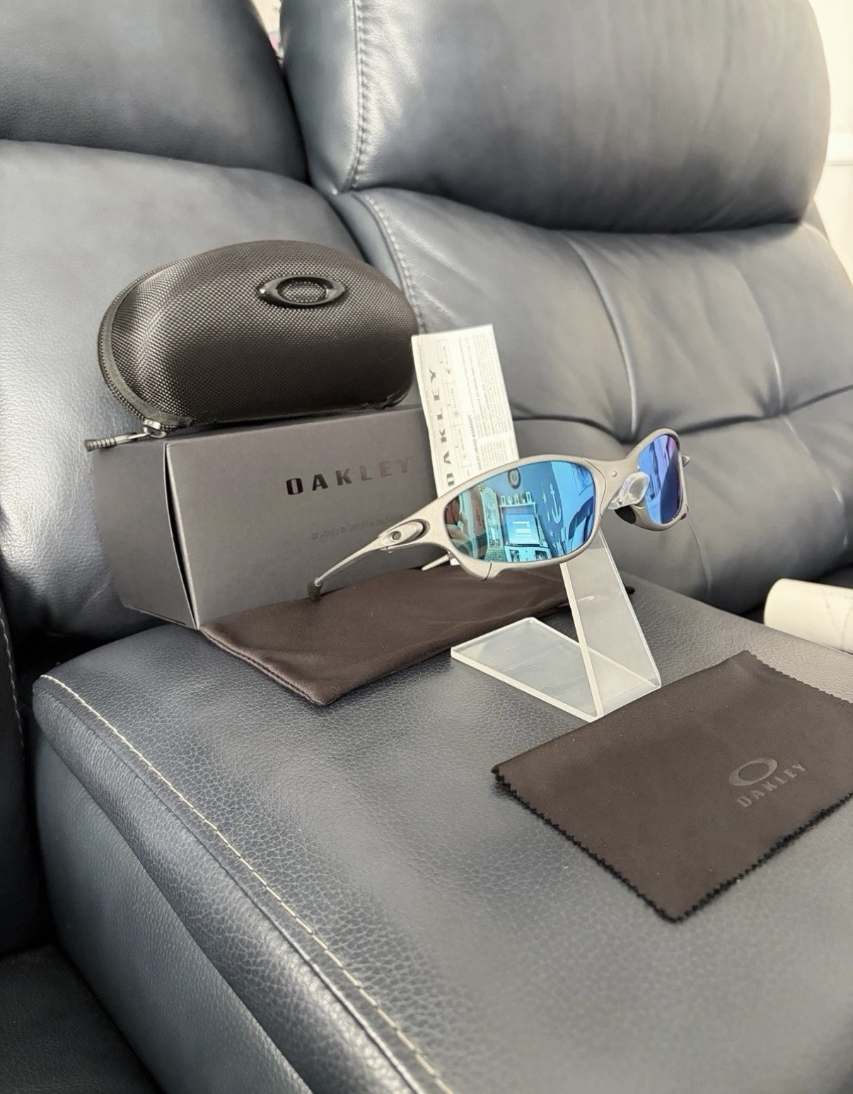 Oakley Penny & Juliet X-Metal Sunglasses Sand Grey Frame Bule Lens