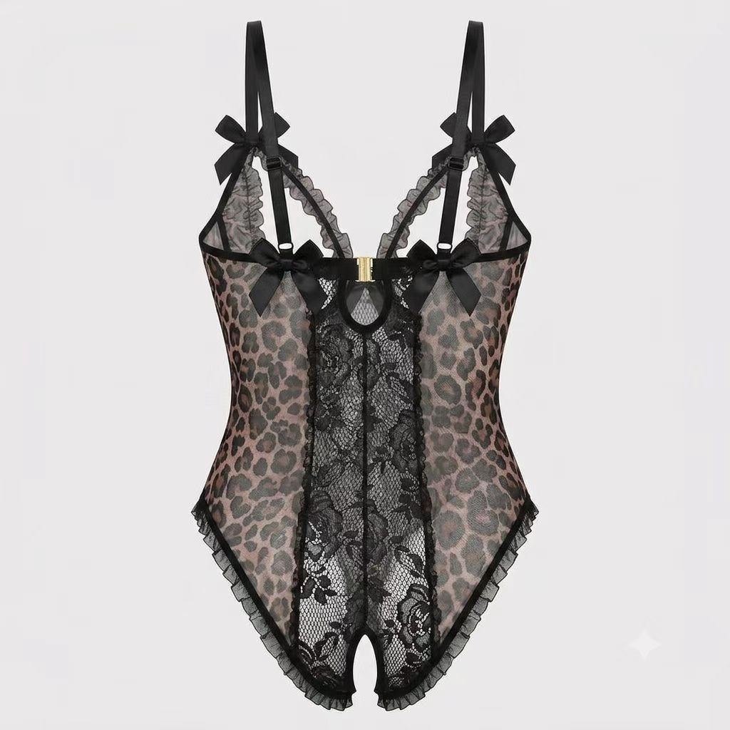 Women Leopard Lace Bodysuit Cutout Bra Adjustable Straps Lingerie For Daily Wedd