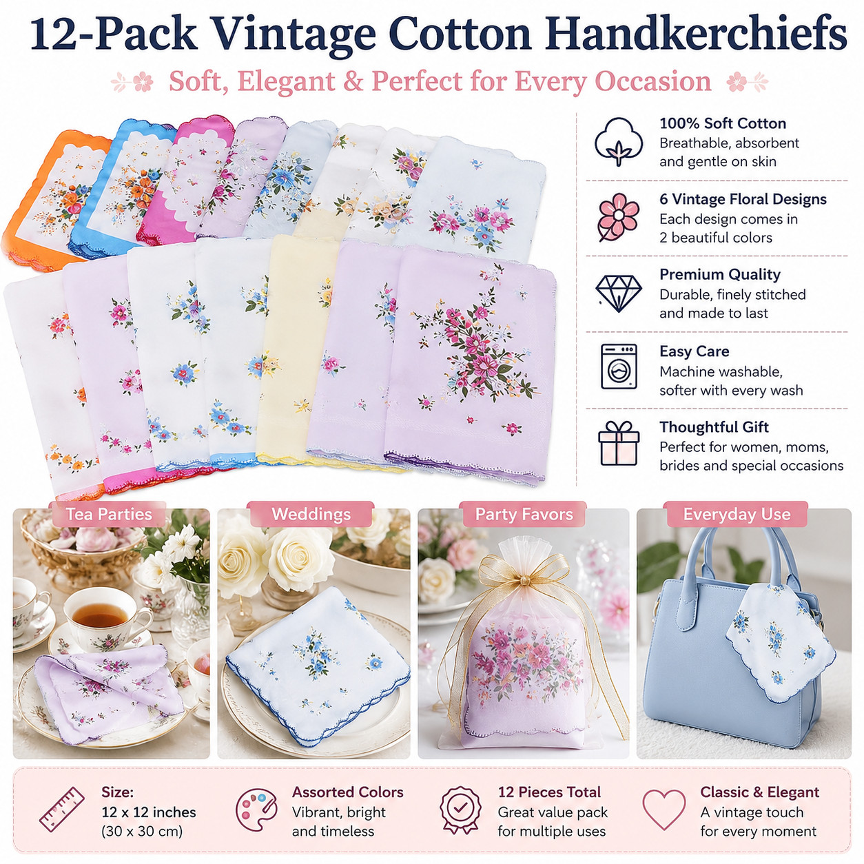 Soft Cotton Handkerchiefs for Women 12 Pack Vintage Ladies Hankies Wedding Gift
