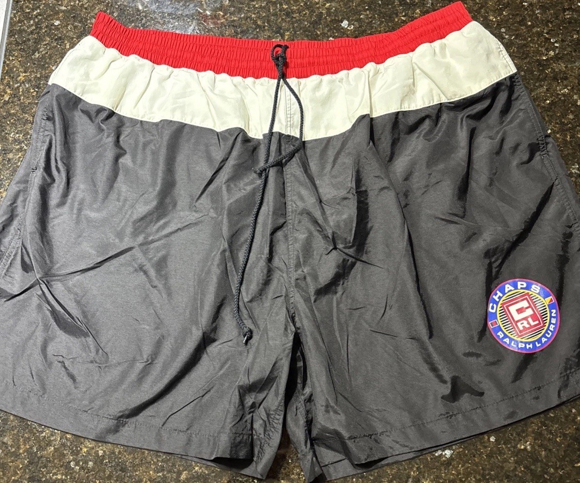 VTG CHAPS Ralph Lauren Swim Trunks Size 2XLT Men Red White Black Made Sri Lanka