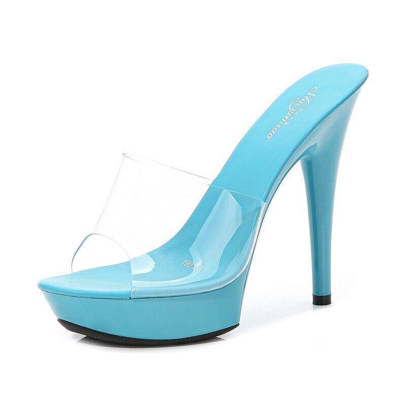 Womens PVC Clear Silpper Platform High Heels Mules Sandals Shoes Slide Plus Size