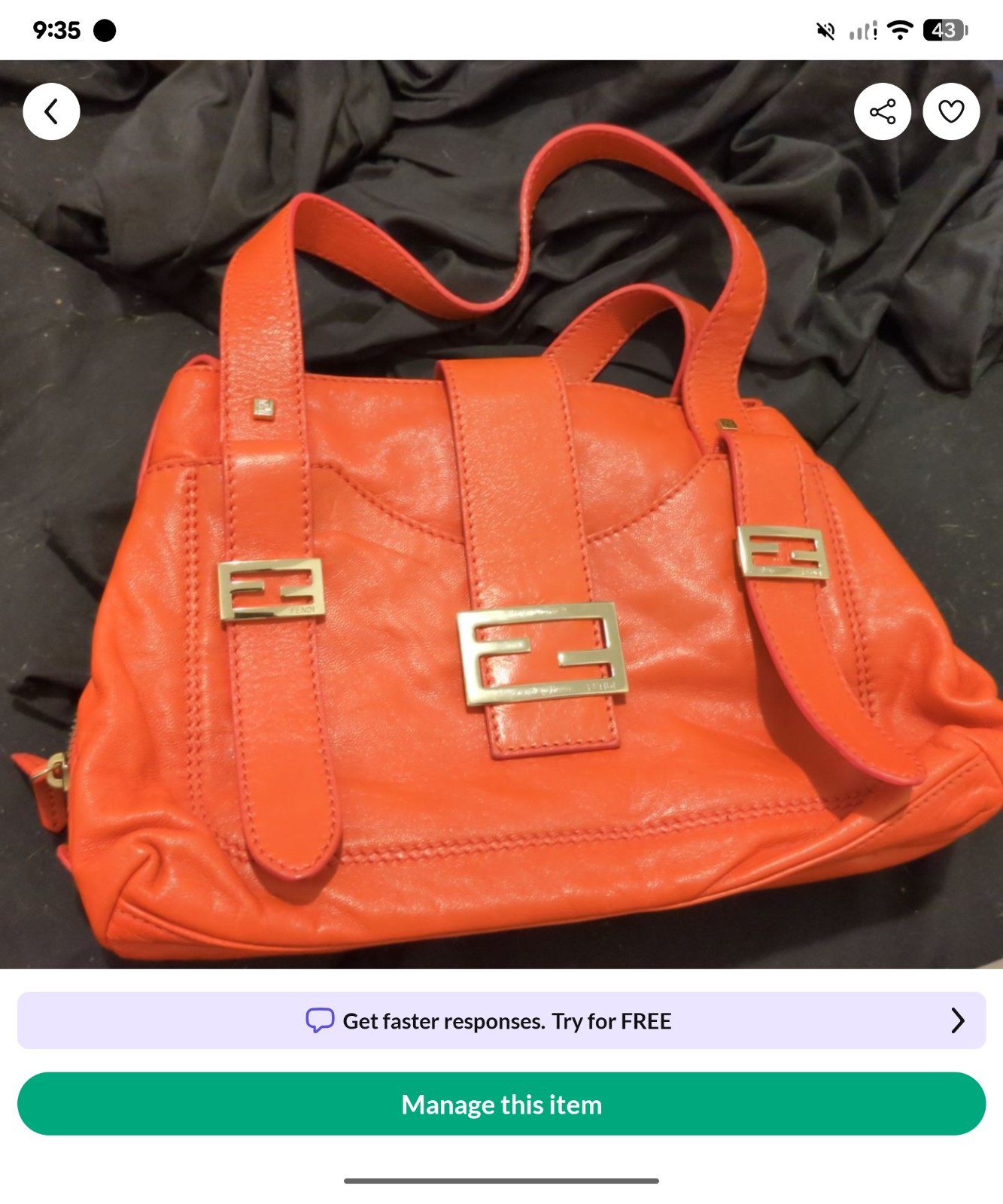 Fendi Orange Shoulder Bag Zip-Top Gold Hardware Buckle Accent w/ Brand Card