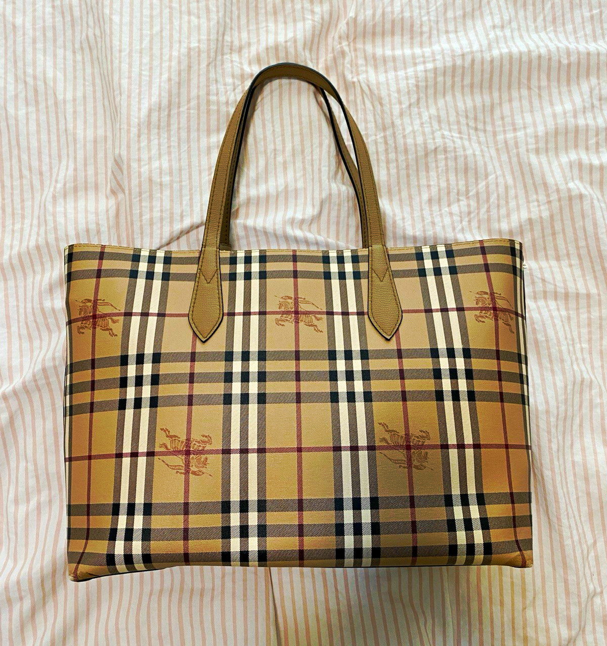 Burberry Beige Plaid Tote Bag Double Handles Open Top with Dust Bag