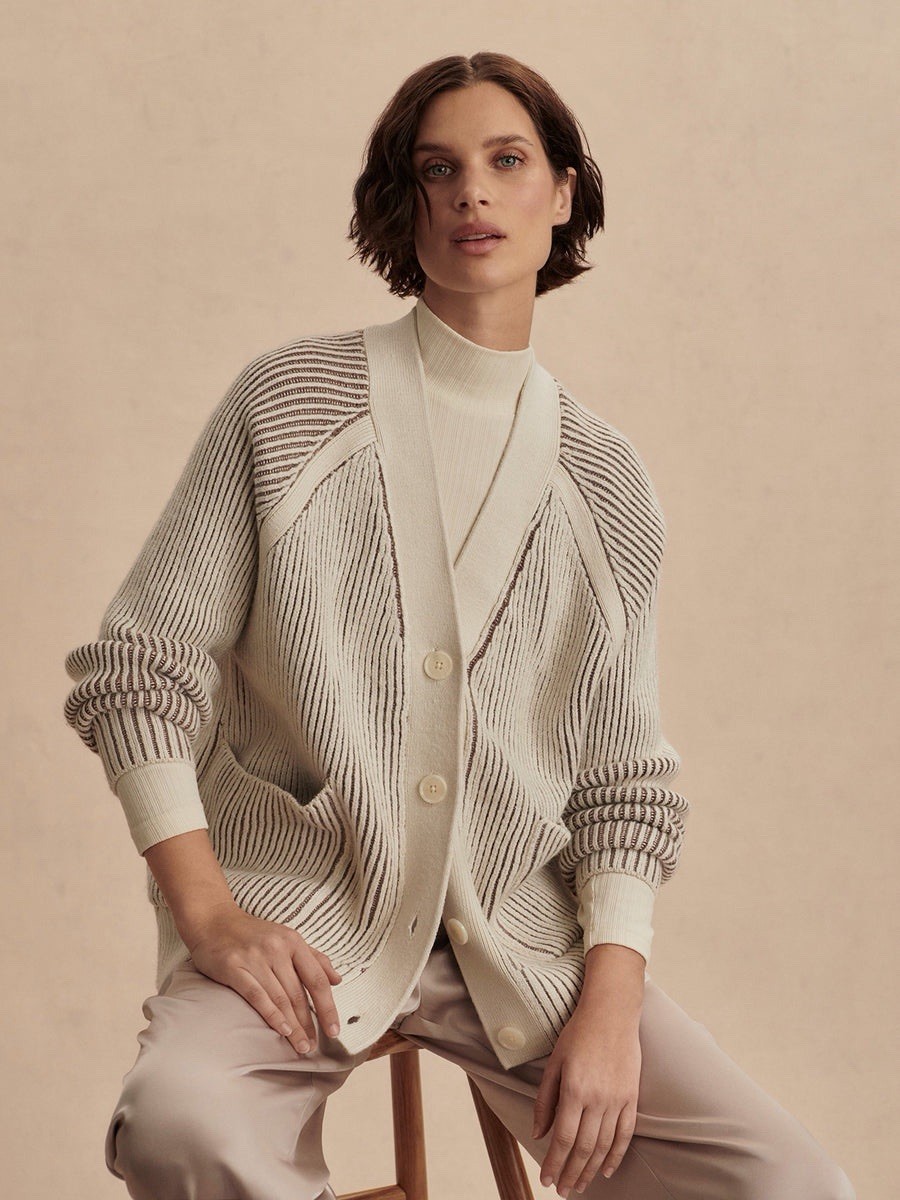 Varley Women’s XS Beige/Brown Ribbed Knit V-Neck Button Cardigan w/ Pockets