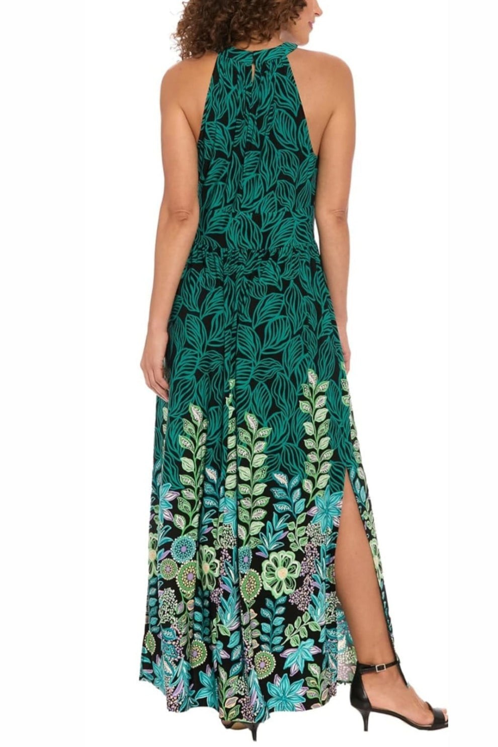 London Times Multi Print High Neck Maxi Dress with side Slit Black Aqua Sz 8 NWT