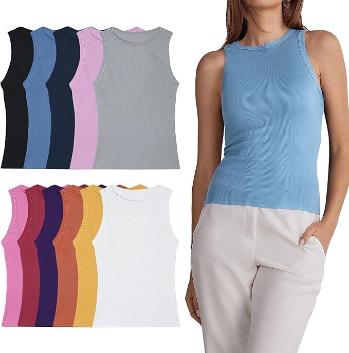 12 Pack Women Tank Top 100% Cotton Multi Colors Basic Ribbed Sleeveless Shirts