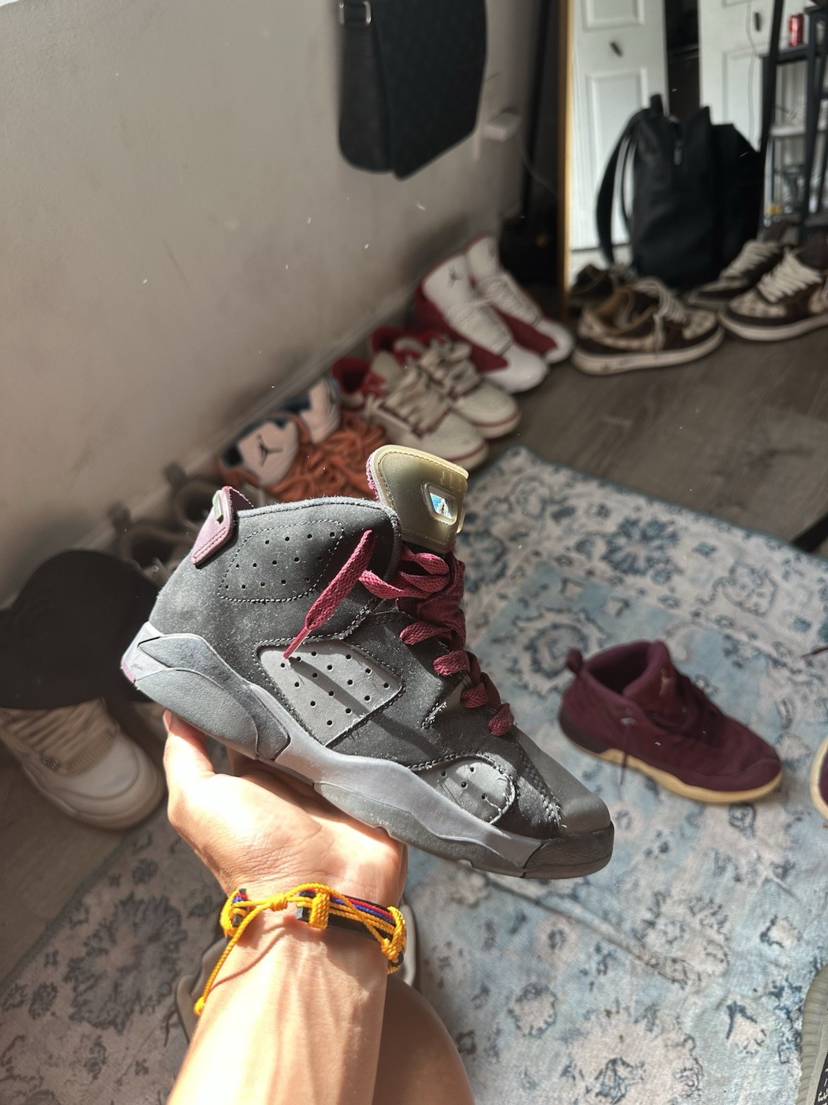 Jordan Air Jordan 7 Hare High Top Lace-Up Sneaker Gray/Burgundy Solid