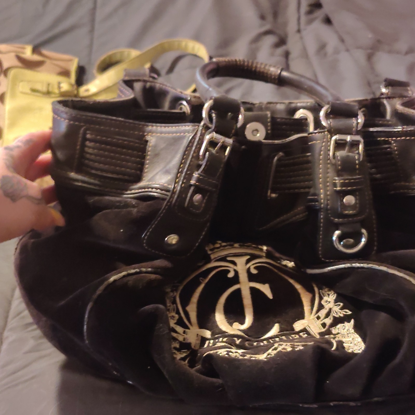 Juicy Couture Black Satchel Top Handle Bag Logo Pattern Double Handles Silver
