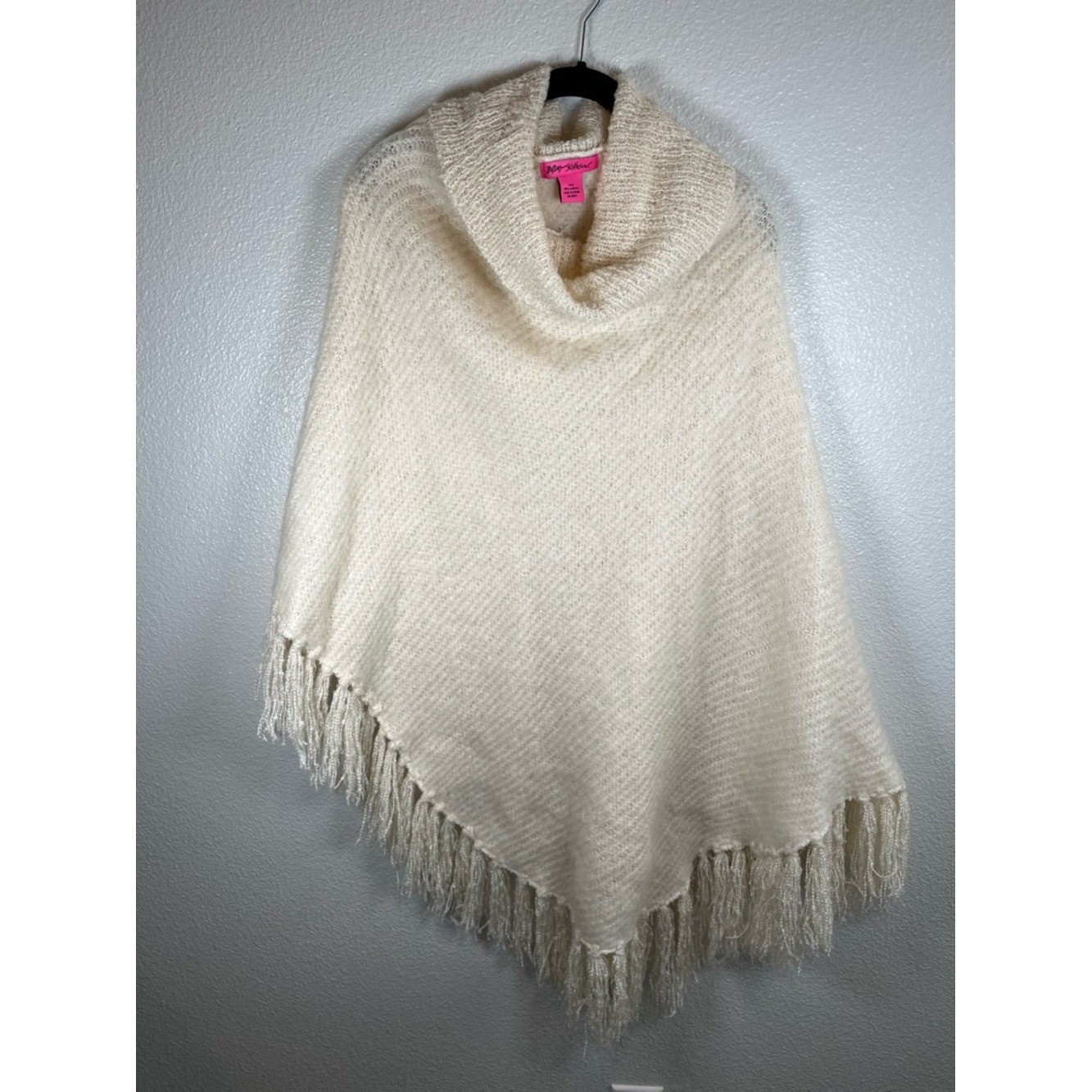 Betsey Johnson Cream Cowl Neck Fringe Asymmetrical Poncho Sweater One Size