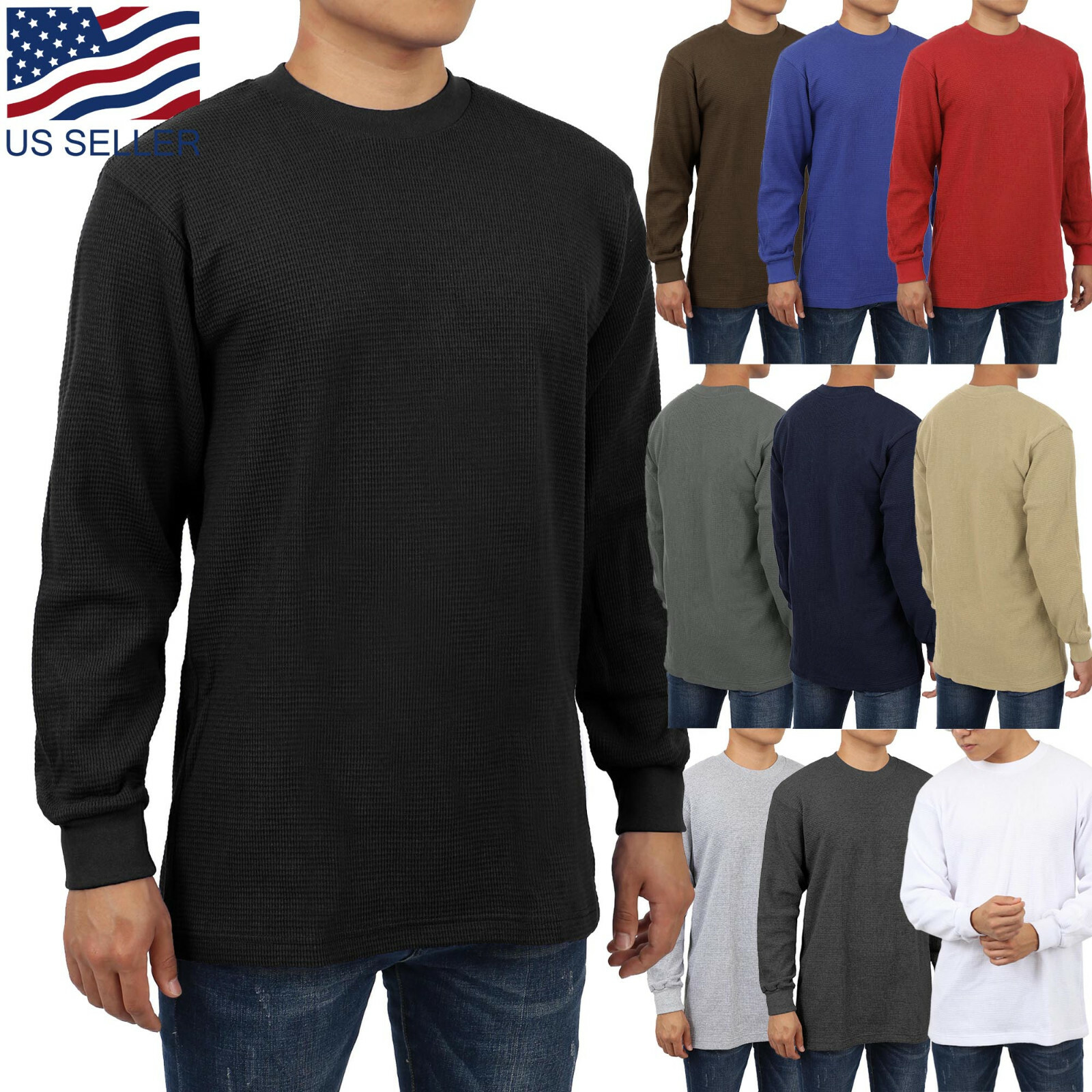 Mens Heavy Waffle T Shirts Cotton Long Sleeve Casual Plain Sports Thermal