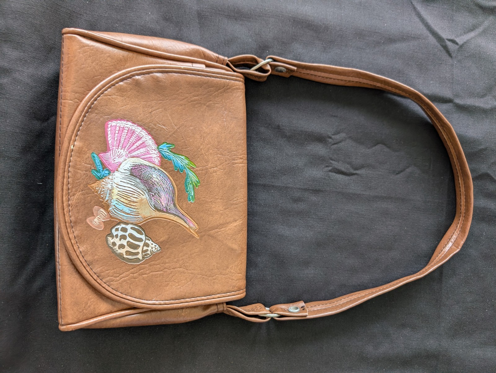 Vintage The Original Florida Keys Handbag Tan Nautical Seashell Themed Vinyl