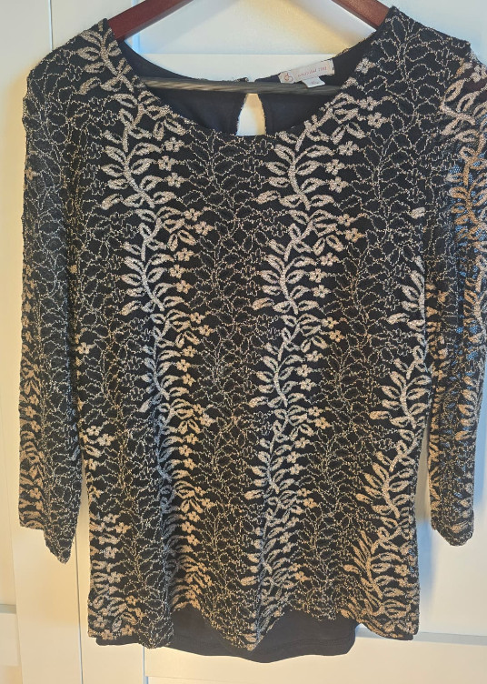 DressBarn Womens Lace Overlay Blouse Medium Black Beige 3/4 Sleeve Career Top