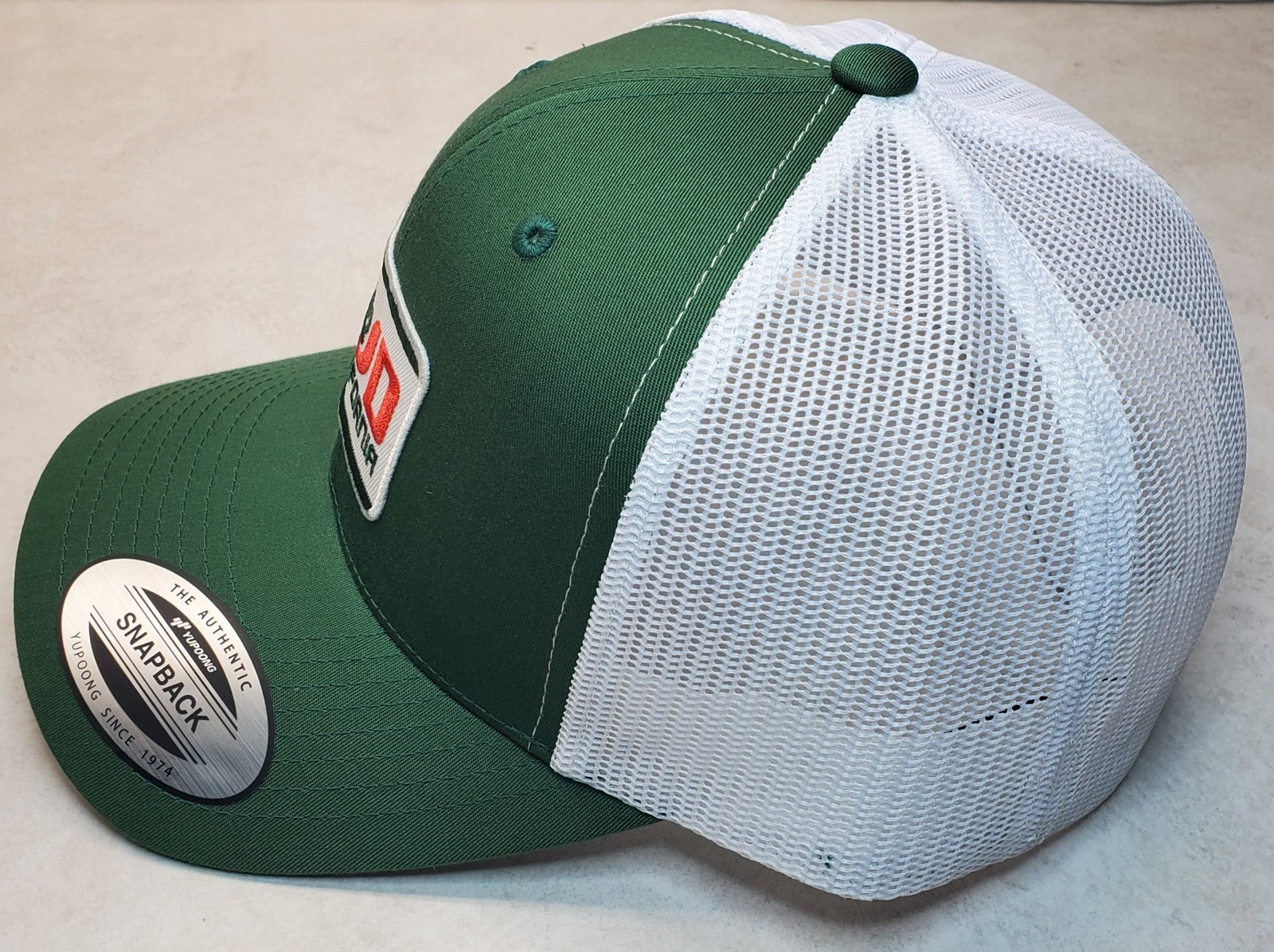 Bud of Calif Patch on Yupoong 6606 Classics Trucker Hat Snapback Evergreen/White