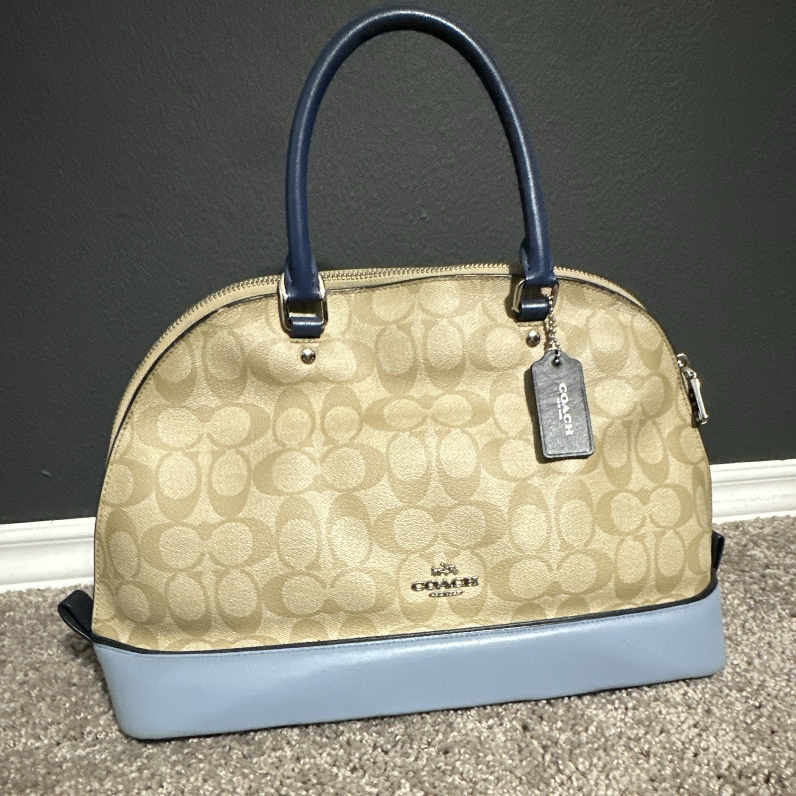 Coach Signature Logo Dome Satchel Medium Beige/Blue Zip Leather Trim Tag
