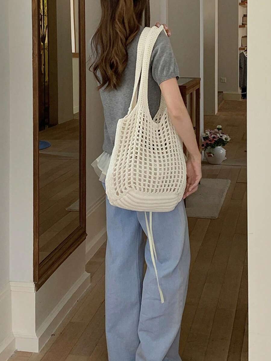 Crochet Woven Shopping Bag Hollow Out Beach Vacation Tote Foldable Mesh Bag