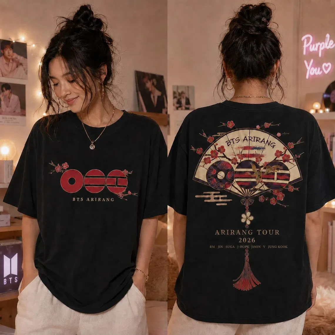 Korean Folding Fan Graphic Shirt Cherry Blossom Concert Inspired Tee