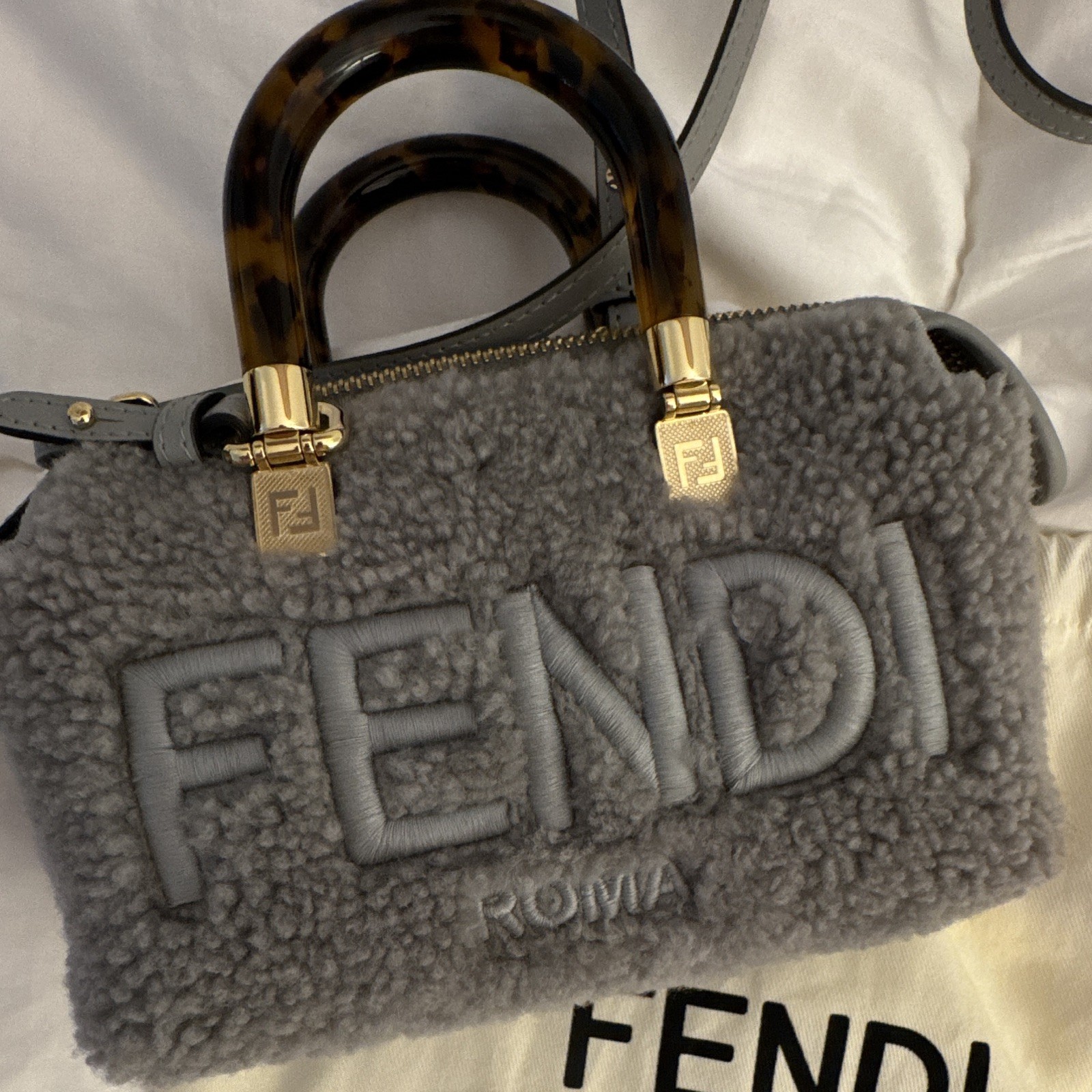 FENDI mini By the Way Gray shearling gold Zip Closure Tortoiseshell top Handle