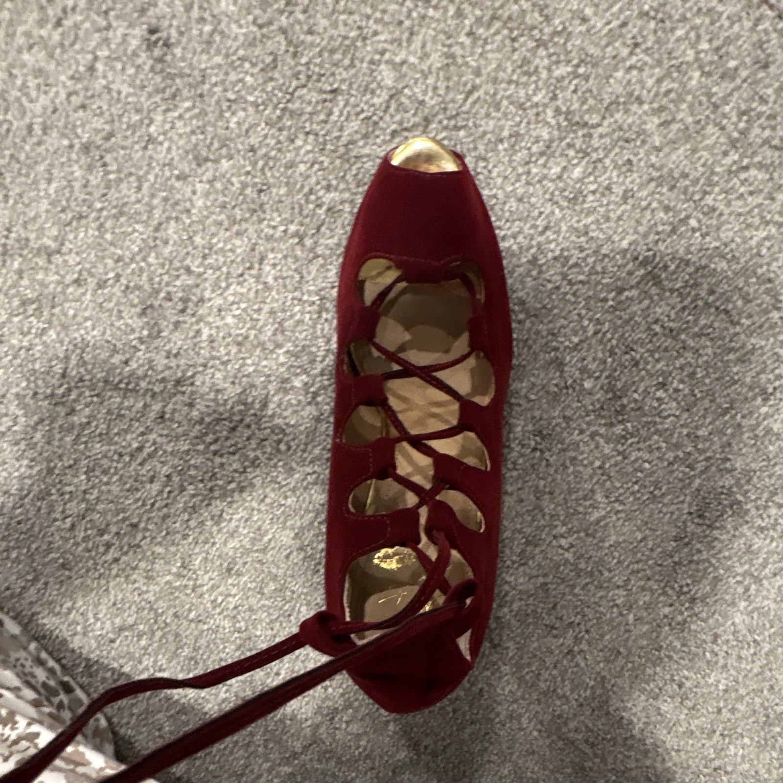 Colin Stuart Burgundy Velvet/Gold Toe Strappy Lace-Up Open Toe Heels 8B