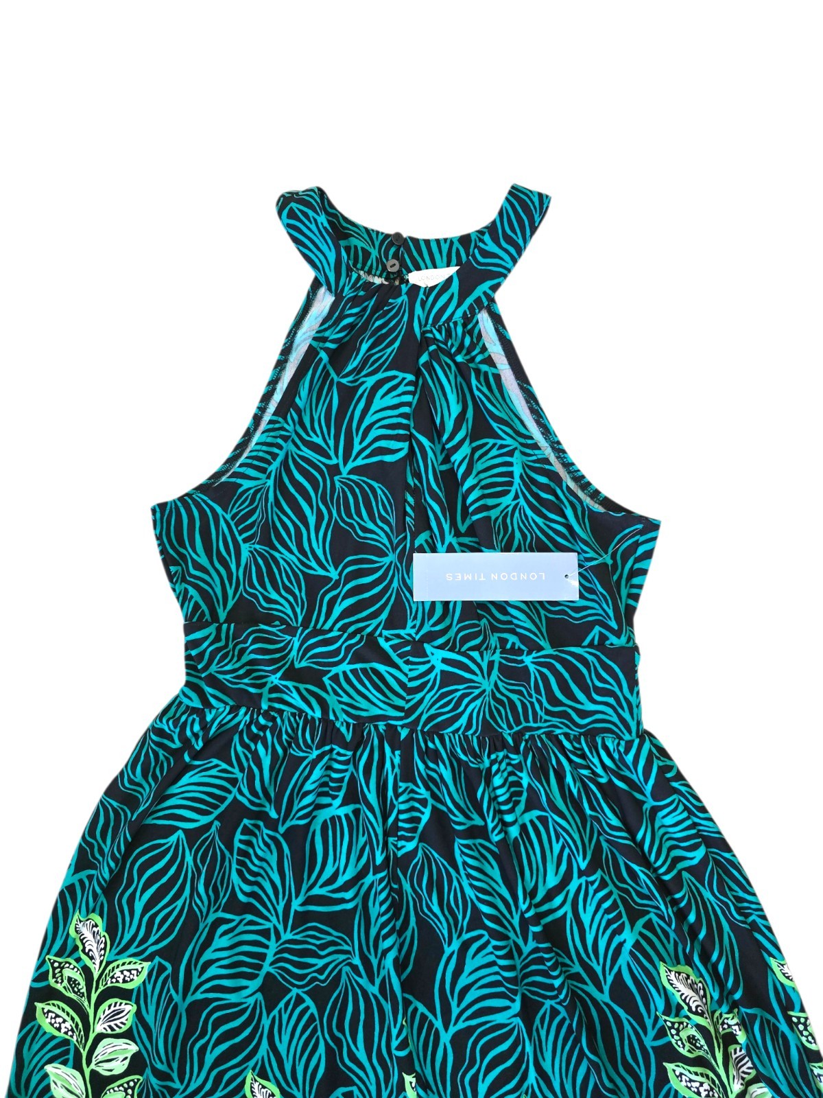London Times Multi Print High Neck Maxi Dress with side Slit Black Aqua Sz 8 NWT