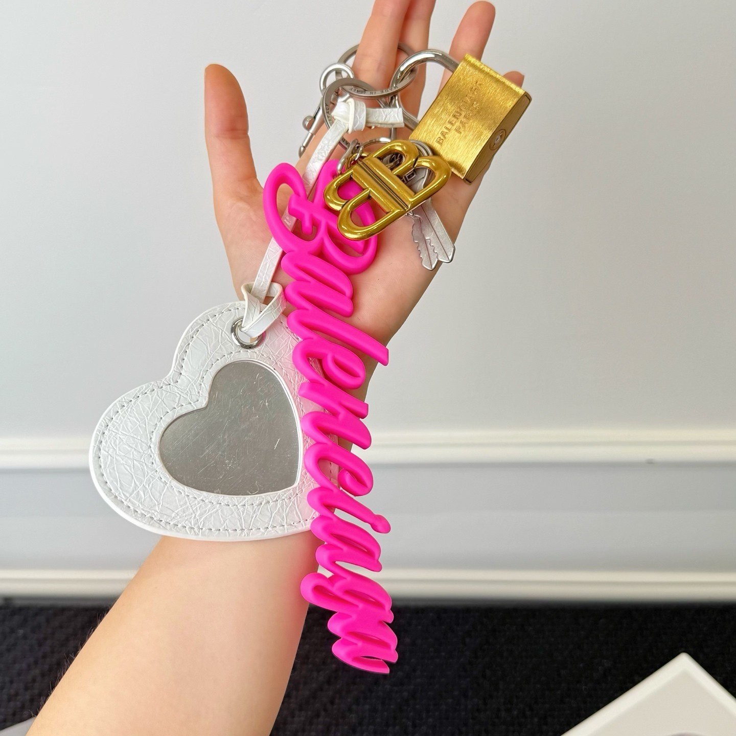 Balenciaga Multi Badge Keychain White Heart Hot Pink Script Logo Bag Charm