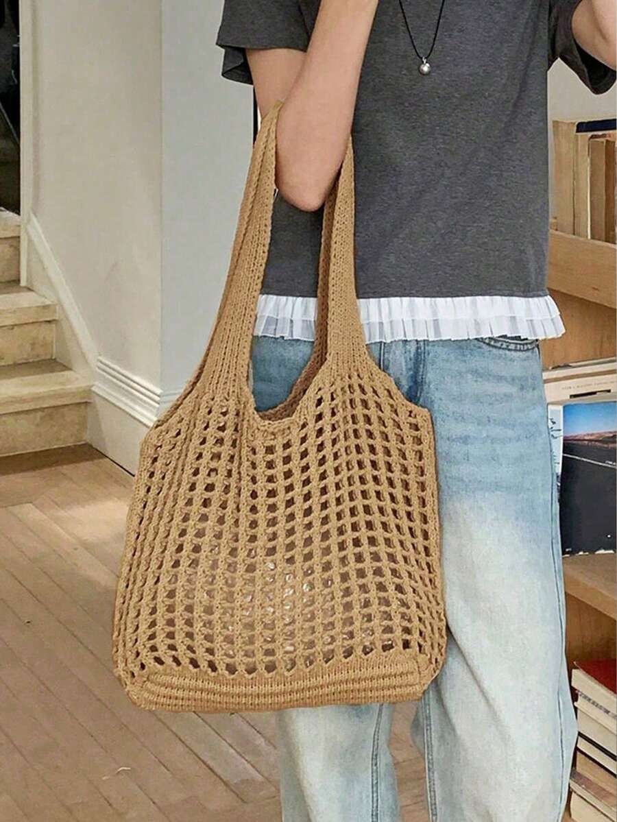 Crochet Woven Shopping Bag Hollow Out Beach Vacation Tote Foldable Mesh Bag
