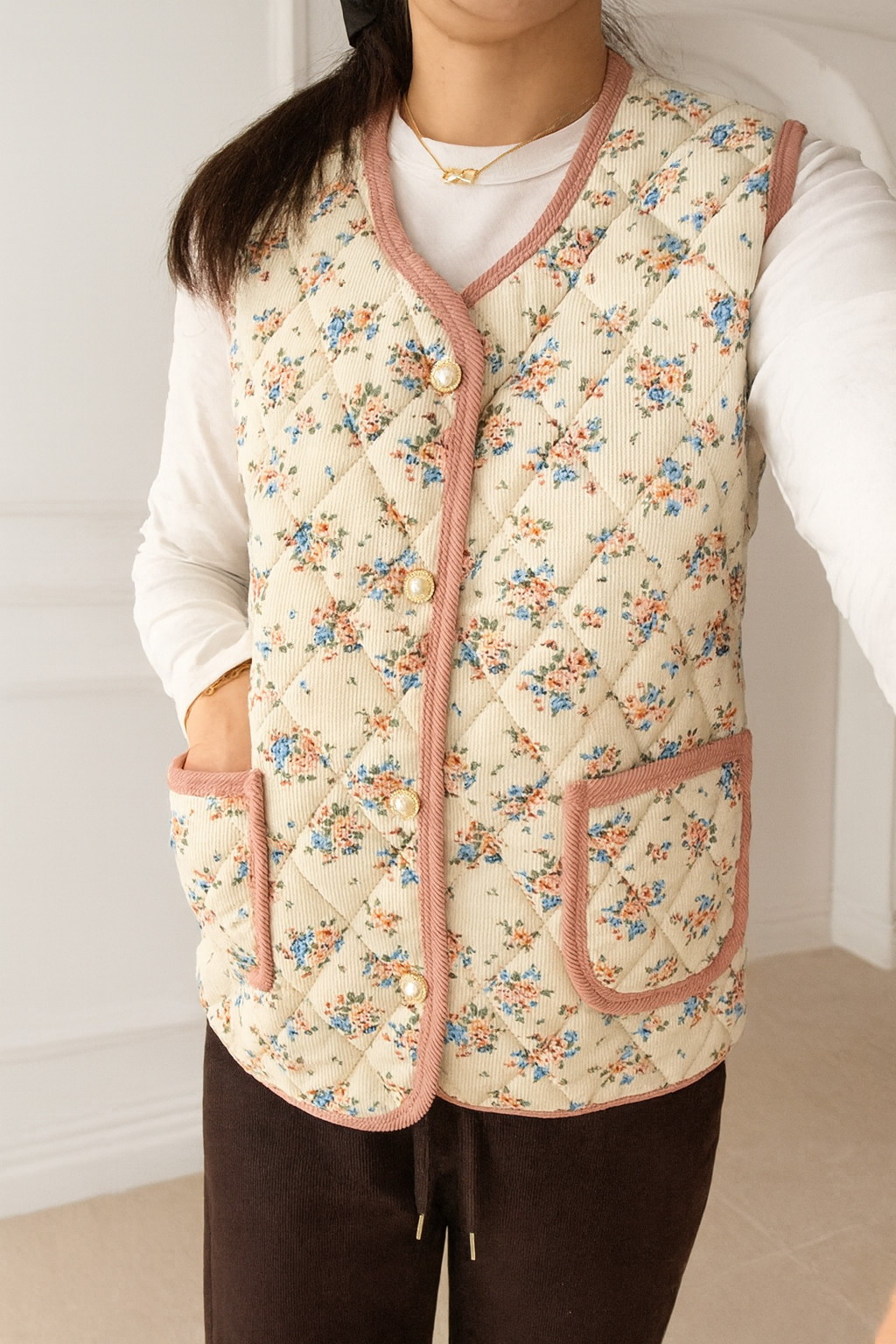 New Korean Retro Floral Quilted Vest Grandma Winter Fleece Kimchi K-Fashion