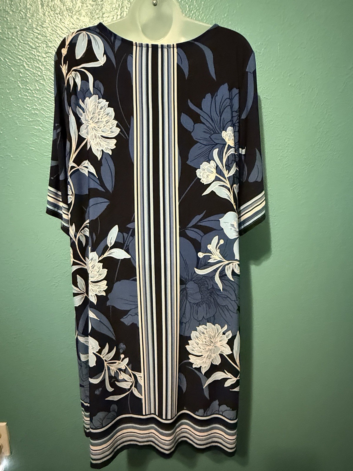 Sandra Darren Navy Blue White Floral Shift Dress Round Neck 3/4 Sleeve XL