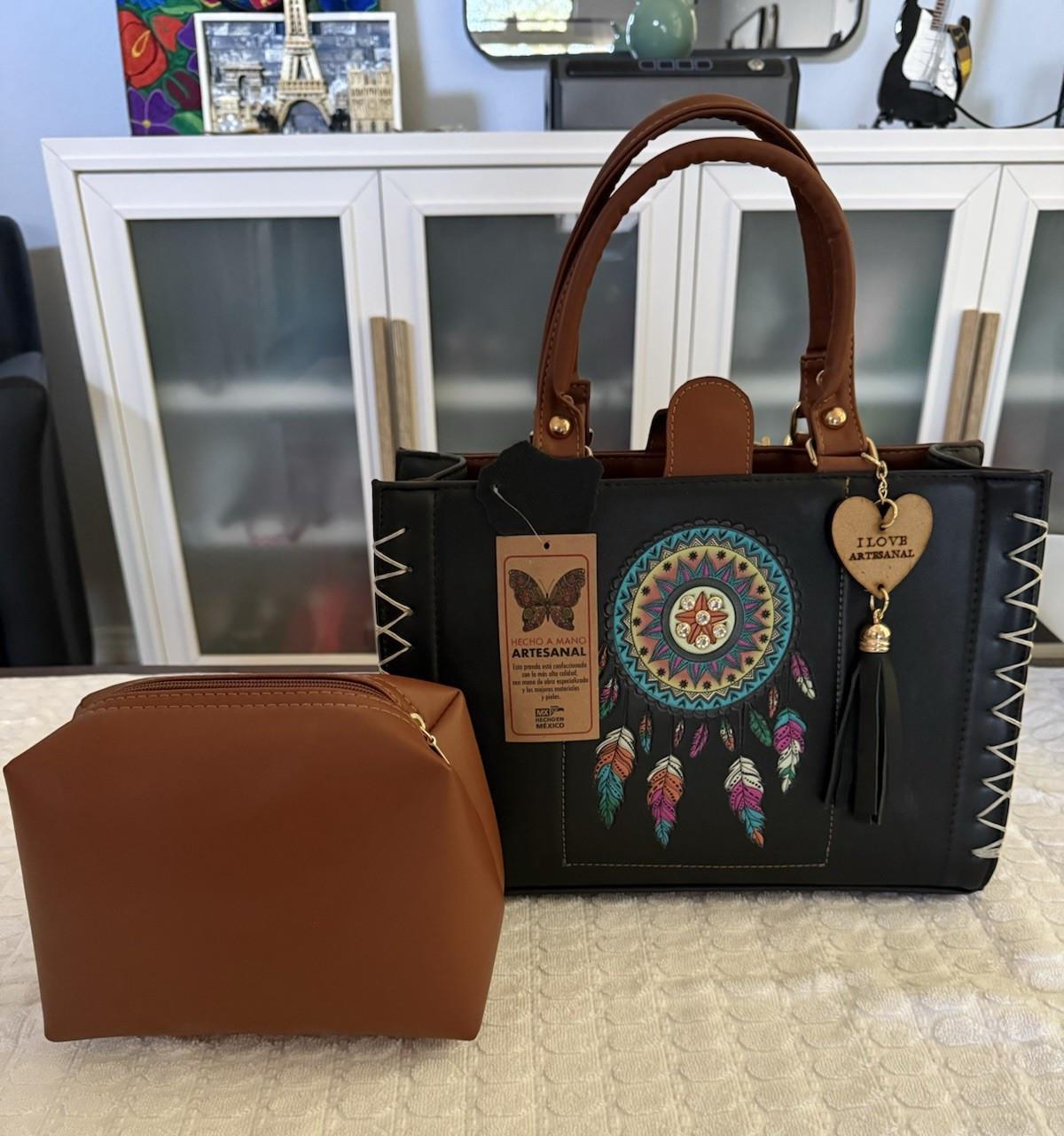 Artesanal Black/Brown Dreamcatcher Satchel Top Handle, Coin Purse