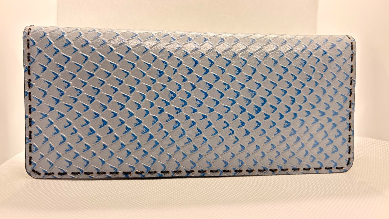 Genuine Leather Long Wallet Blue Gray Embossed Western Style Handmade