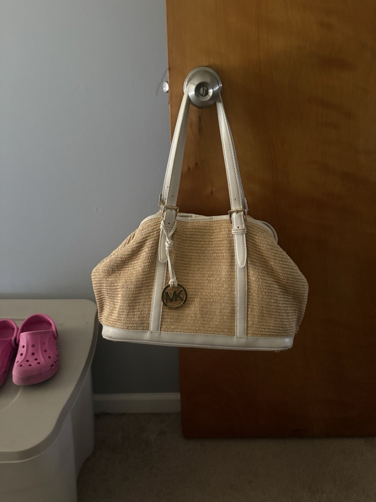 Michael Kors Straw Raffia Tote Bag White Leather Trim MK Charm Summer Beach