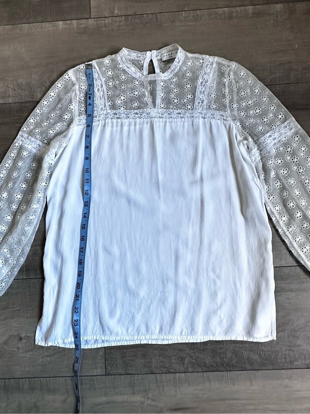 Sandro Paris White Lace Eyelet Blouse Sz 2 Sheer Floral Long Sleeve Romantic Top