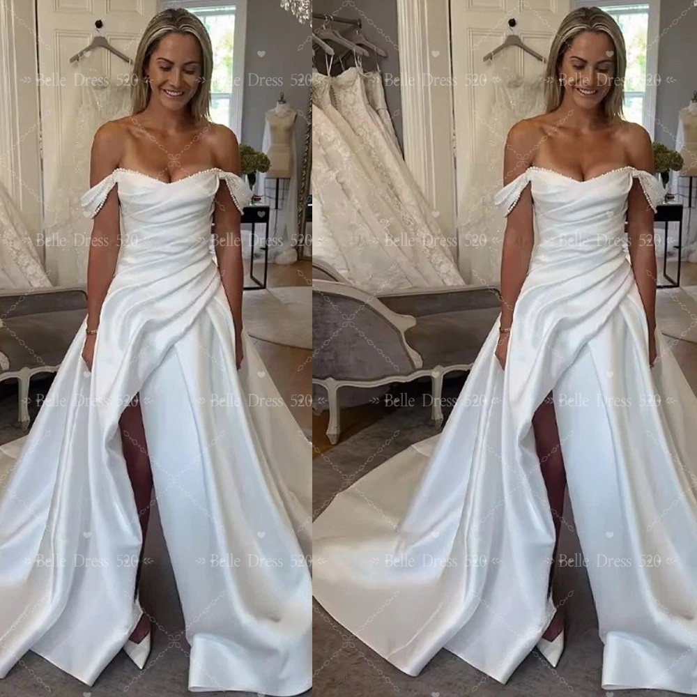 Stain Wedding Dresses with Train Off The Shoulder High Front Slit Bridal Gowns